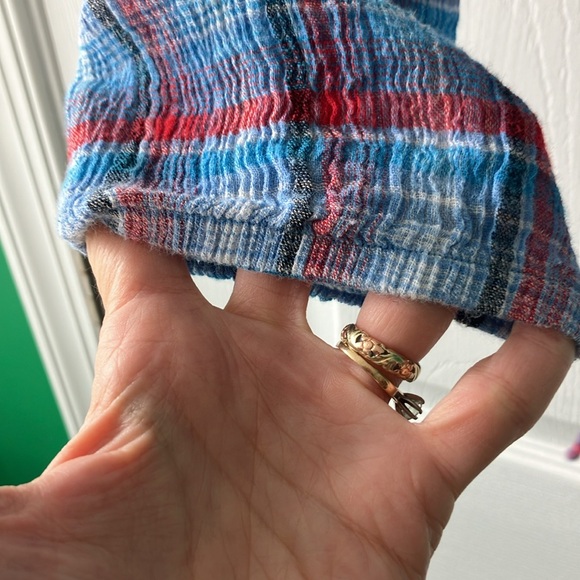 Como vintage blue red plaid crinkle peasant top long sleeve cotton small boho - Picture 3 of 7